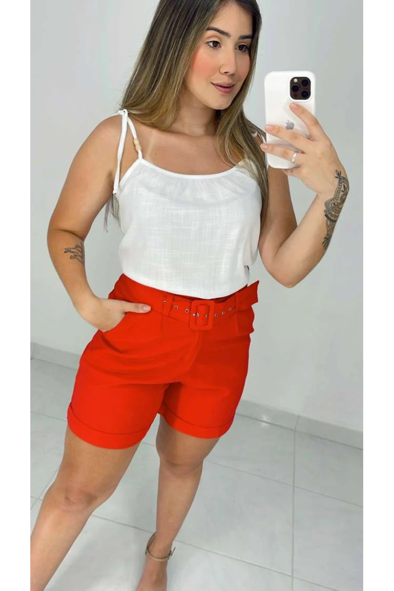 Shorts De Linho Barra Virada - Vermelho