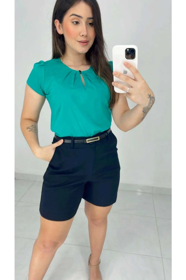 Shorts De Linho C/ Cinto Couro Sintetico - Preto