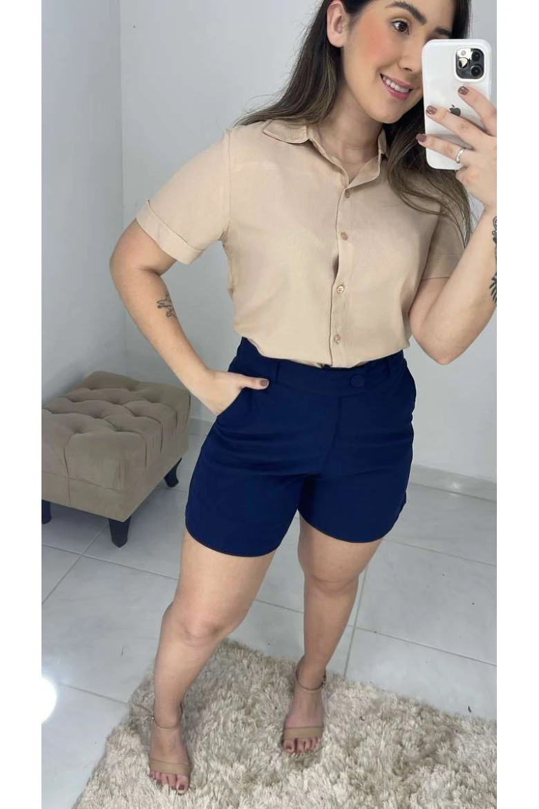 Shorts De Linho C/ Elástico - Azul marinho