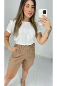 Shorts De Linho Cinto Fivela Redonda - Nude