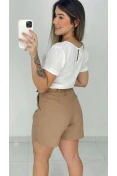 Shorts De Linho Cinto Fivela Redonda - Nude