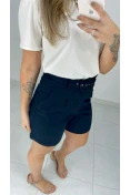 Shorts De Linho Cinto Fivela Redonda - Preto