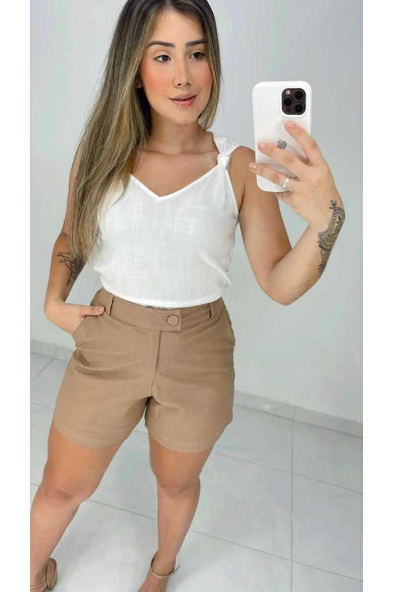 Shorts De Linho Com Elástico - Nude