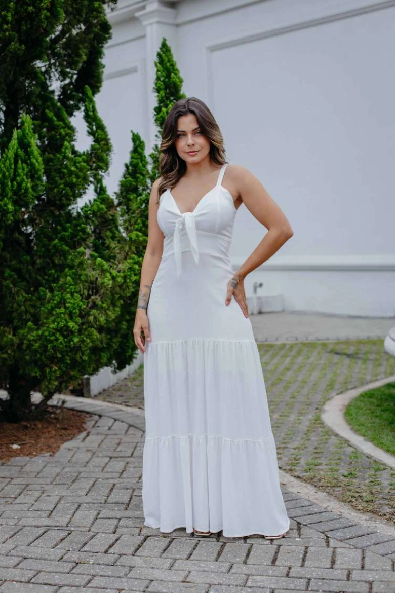 Vestido Longo De Alça Com Amarração No Busto - Off white