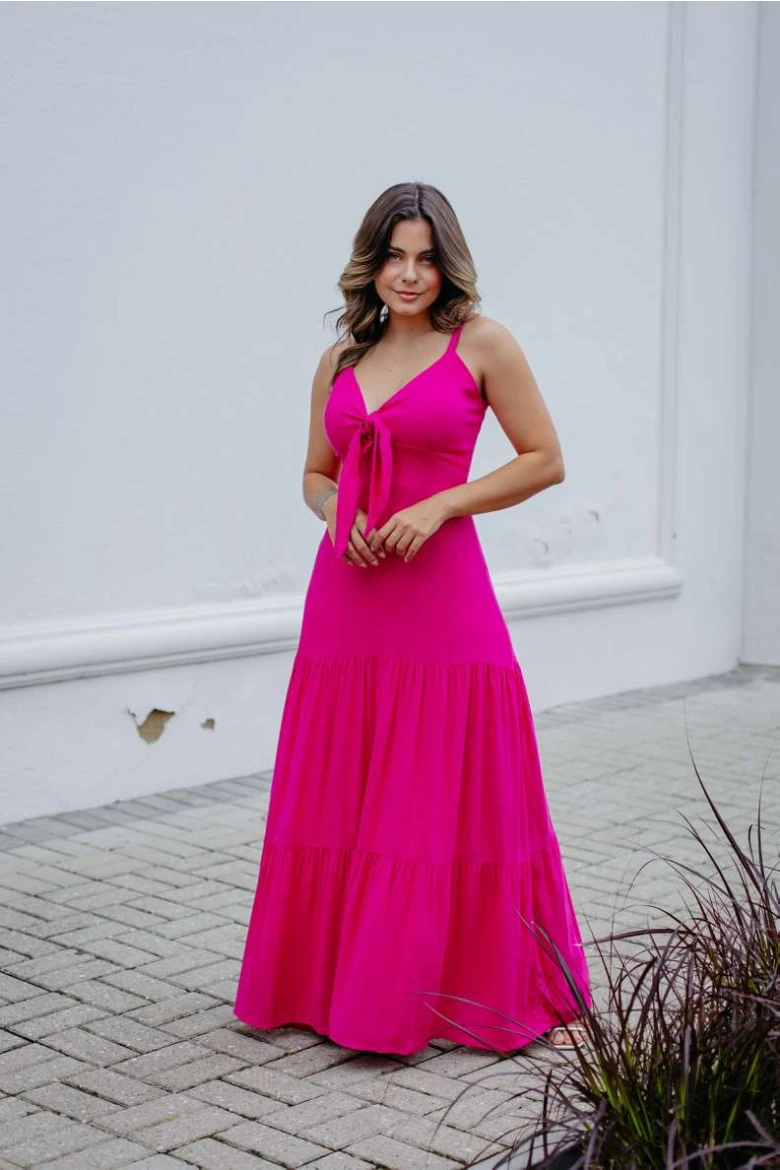 Vestido Longo De Alça Com Amarração No Busto - Rosa