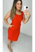 Vestido Midi De Linho Com Bolso - Vermelho