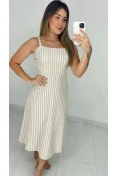 Vestido Midi Evasê De Linho - Linho listrado