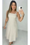 Vestido Midi Evasê De Linho - Linho listrado