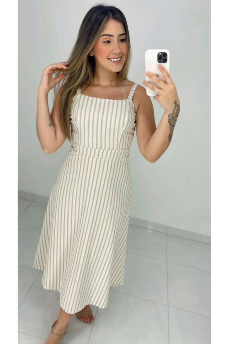 Vestido Midi Evasê De Linho - Linho listrado