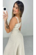 Vestido Midi Evasê De Linho - Linho listrado