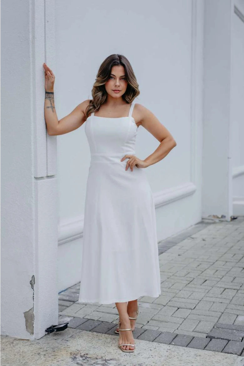 Vestido Midi Evasê De Linho - Off white