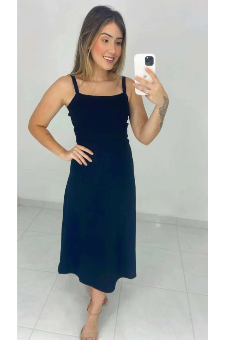 Vestido Midi Evasê De Linho - Preto