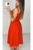 Vestido Midi Evasê De Linho - Vermelho