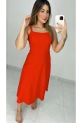 Vestido Midi Evasê De Linho - Vermelho